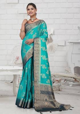 Aqua Blue Soft Crepe Saree with Rich Zari Weaving & Contrast Border | Unstitched Blouse Piece by Maharanga 1