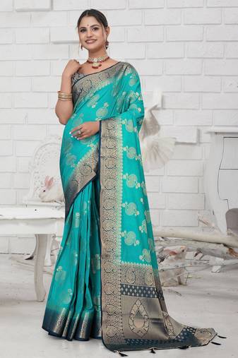 Aqua Blue Soft Crepe Saree with Rich Zari Weaving & Contrast Border | Unstitched Blouse Piece by Maharanga