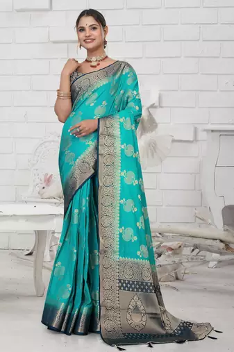 Aqua Blue Soft Crepe Saree with Rich Zari Weaving & Contrast Border | Unstitched Blouse Piece by Maharanga