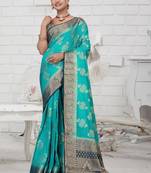 Aqua Blue Soft Crepe Saree with Rich Zari Weaving & Contrast Border | Unstitched Blouse Piece by Maharanga