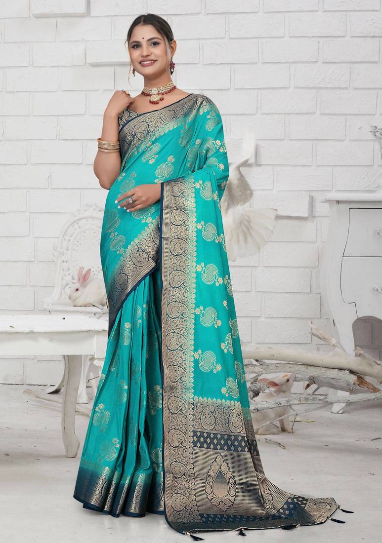 Aqua Blue Soft Crepe Saree with Rich Zari Weaving & Contrast Border | Unstitched Blouse Piece by Maharanga