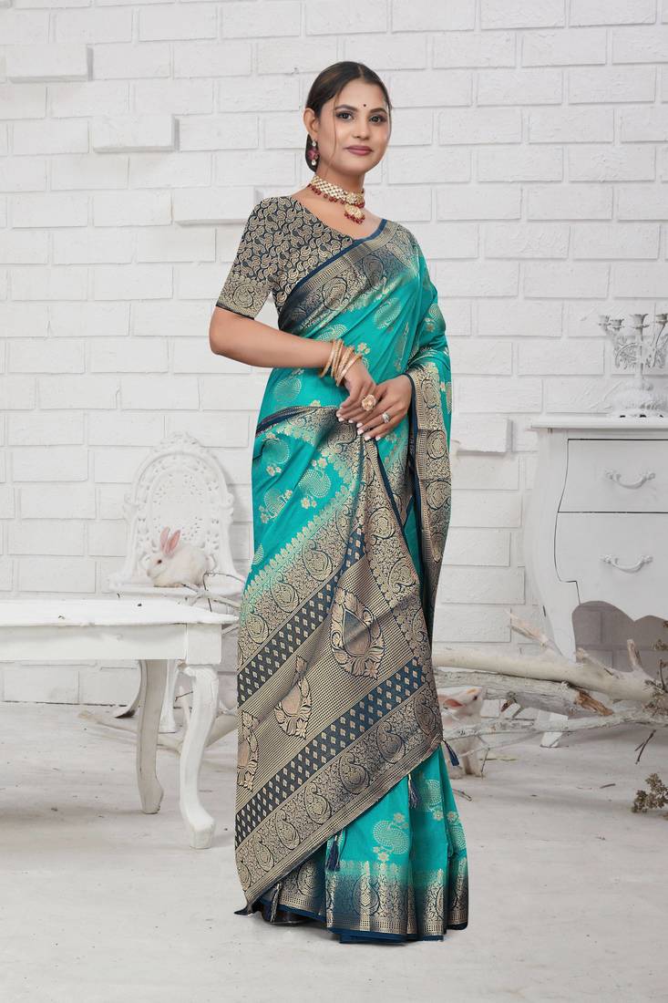 Aqua Blue Soft Crepe Saree with Rich Zari Weaving & Contrast Border | Unstitched Blouse Piece by Maharanga