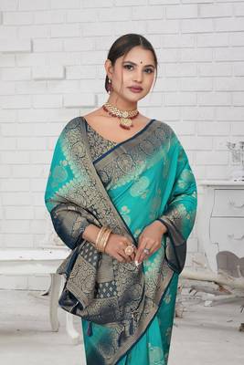 Aqua Blue Soft Crepe Saree with Rich Zari Weaving & Contrast Border | Unstitched Blouse Piece by Maharanga 3