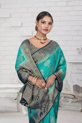 Aqua Blue Soft Crepe Saree with Rich Zari Weaving & Contrast Border | Unstitched Blouse Piece by Maharanga