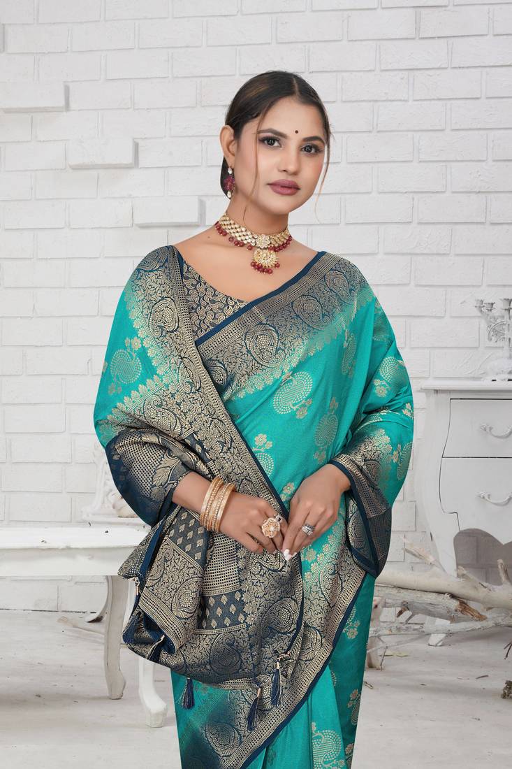 Aqua Blue Soft Crepe Saree with Rich Zari Weaving & Contrast Border | Unstitched Blouse Piece by Maharanga