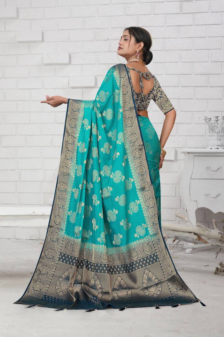 Aqua Blue Soft Crepe Saree with Rich Zari Weaving & Contrast Border | Unstitched Blouse Piece by Maharanga