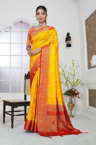 Mustard Yellow Soft Crepe Saree with Rich Zari Weaving & Red Contrast Border | Unstitched Blouse Piece B