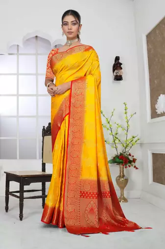 Mustard Yellow Soft Crepe Saree with Rich Zari Weaving & Red Contrast Border | Unstitched Blouse Piece B