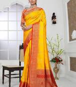 Mustard Yellow Soft Crepe Saree with Rich Zari Weaving & Red Contrast Border | Unstitched Blouse Piece B