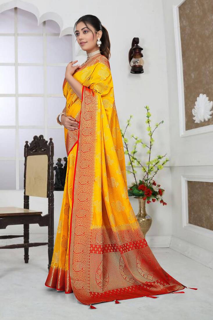 Mustard Yellow Soft Crepe Saree with Rich Zari Weaving & Red Contrast Border | Unstitched Blouse Piece B