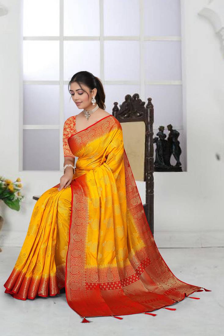 Mustard Yellow Soft Crepe Saree with Rich Zari Weaving & Red Contrast Border | Unstitched Blouse Piece B