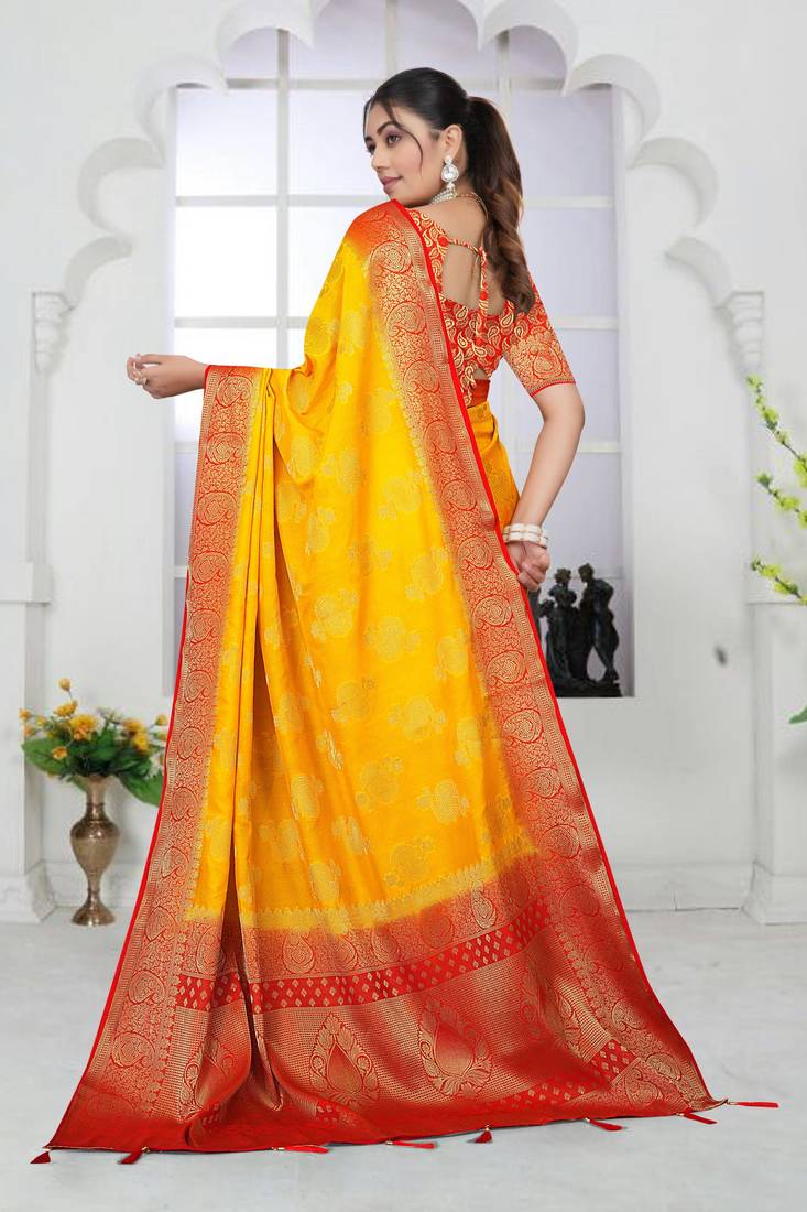 Mustard Yellow Soft Crepe Saree with Rich Zari Weaving & Red Contrast Border | Unstitched Blouse Piece B
