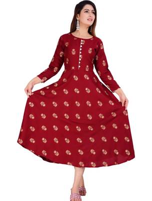 Aarti fashion women red ethnic motifs pure cotton printed anarkali kurta 4