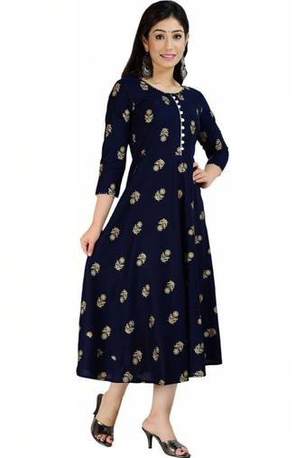 Aarti fashion women blue ethnic motifs pure cotton printed anarkali kurta