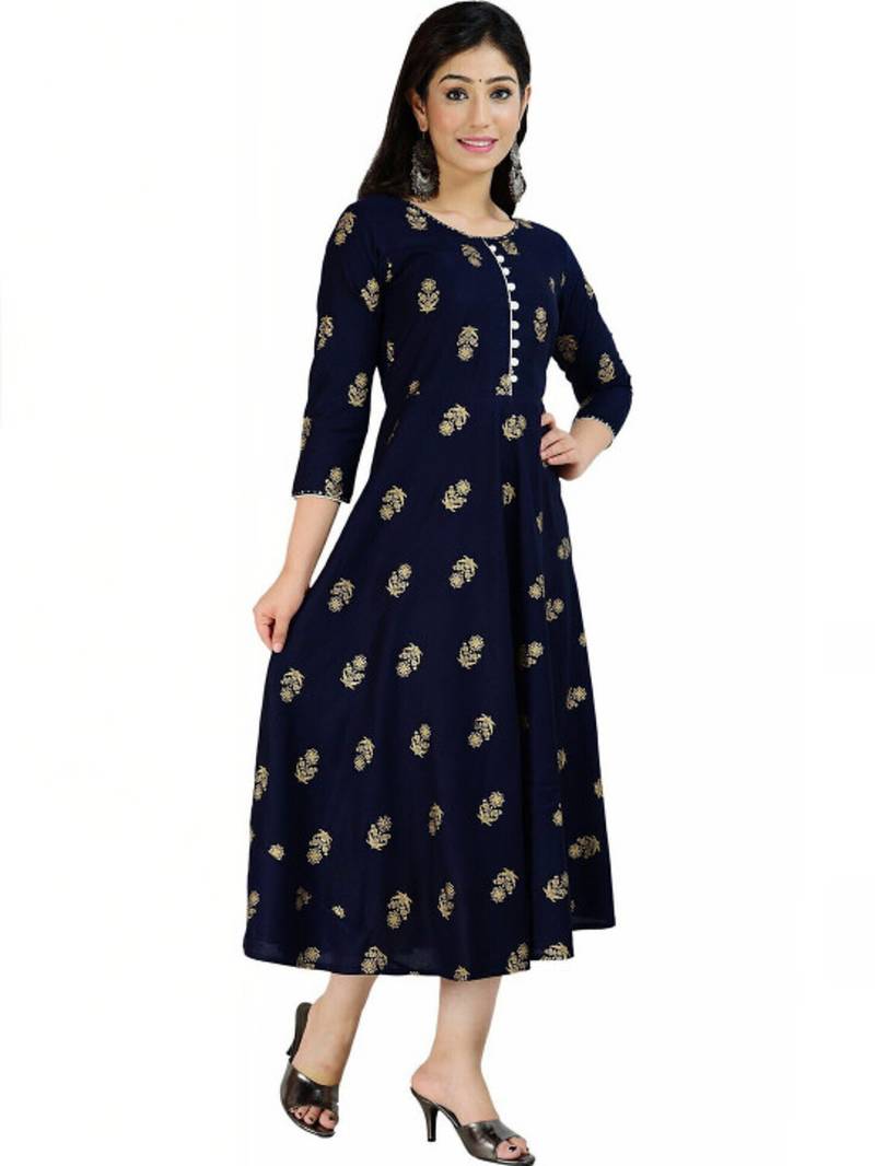 Aarti fashion women blue ethnic motifs pure cotton printed anarkali kurta