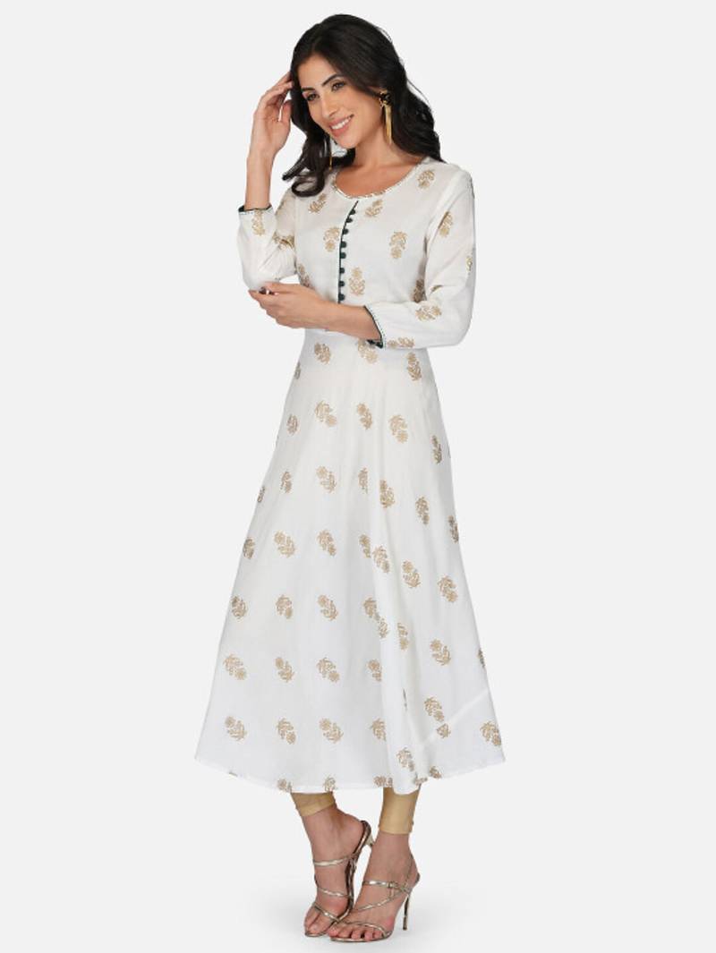 Aarti fashion women white ethnic motifs pure cotton printed anarkali kurta