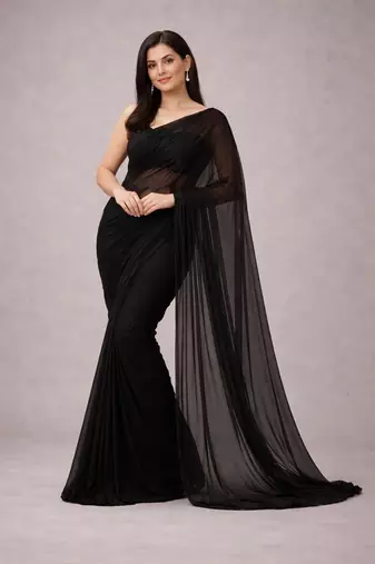 Black color plain georgette designer saree with blouse