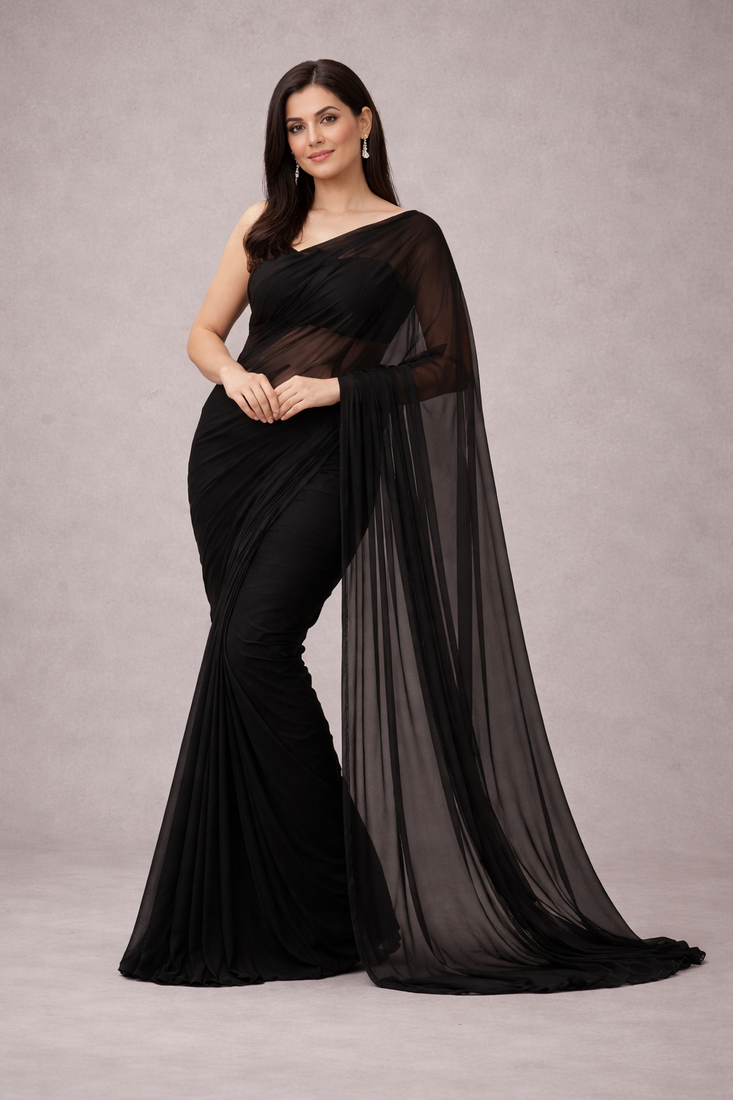 Black color plain georgette designer saree with blouse