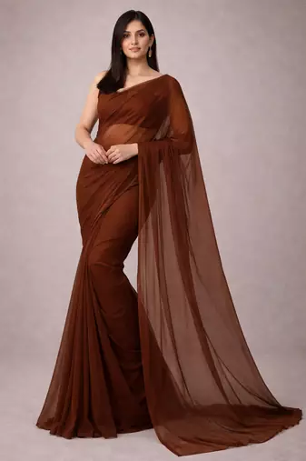 Brown color plain georgette designer saree with blouse