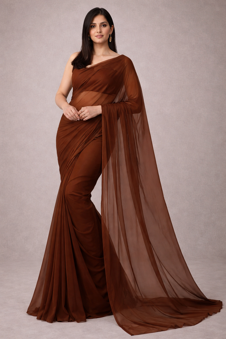 Brown color plain georgette designer saree with blouse