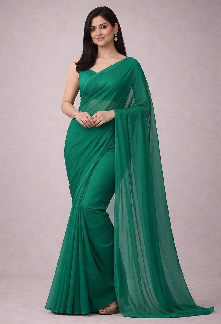 Dark green color plain georgette designer saree with blouse