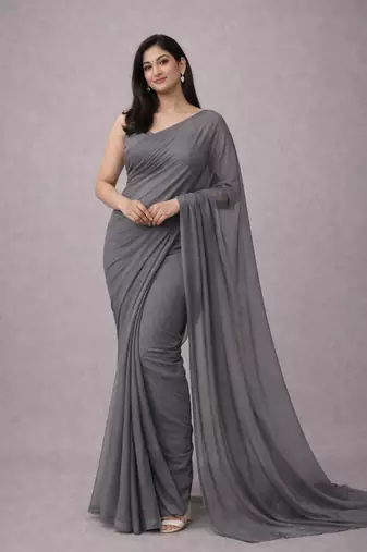 Grey color plain georgette designer saree with blouse