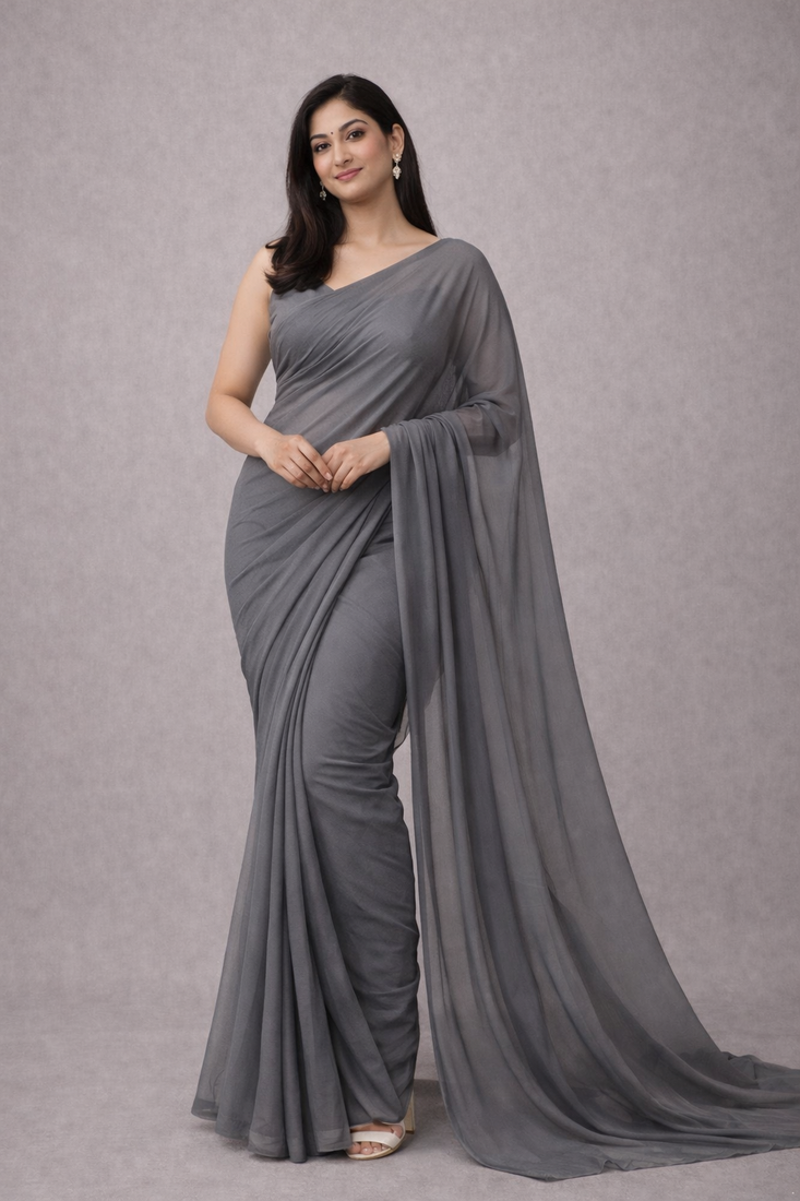 Grey color plain georgette designer saree with blouse
