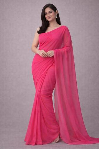 Hot pink color plain georgette designer saree with blouse
