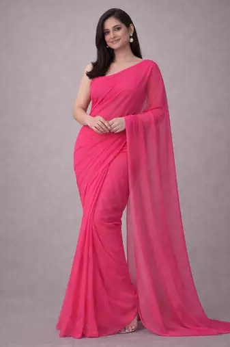 Hot pink color plain georgette designer saree with blouse