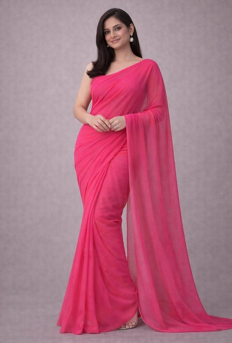 Hot pink color plain georgette designer saree with blouse