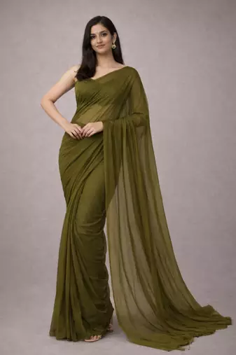 Mehendi color plain georgette designer saree with blouse