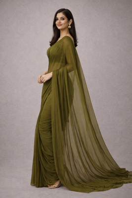 Mehendi color plain georgette designer saree with blouse 2