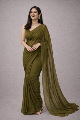 Mehendi color plain georgette designer saree with blouse 3