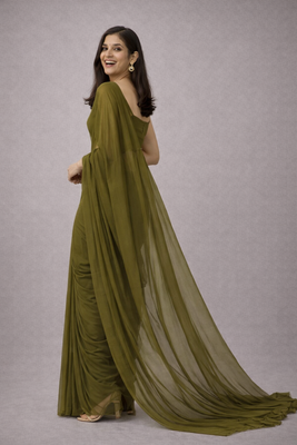 Mehendi color plain georgette designer saree with blouse 4