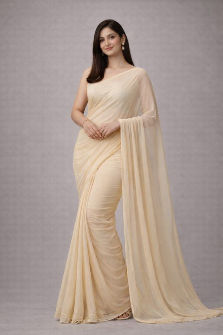 Off-white color plain georgette designer saree with blouse