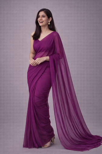 Plum color plain georgette designer saree with blouse