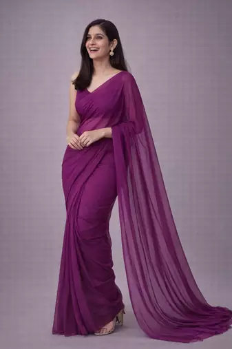 Plum color plain georgette designer saree with blouse