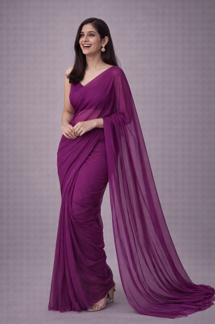 Plum color plain georgette designer saree with blouse