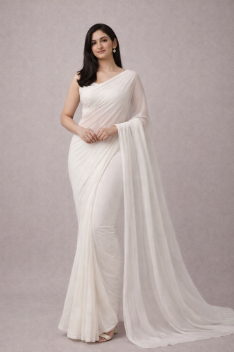 White  color plain georgette designer saree with blouse