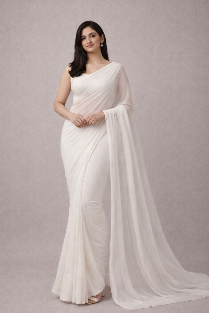 White  color plain georgette designer saree with blouse