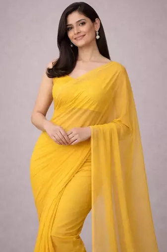 Yellow color plain georgette designer saree with blouse