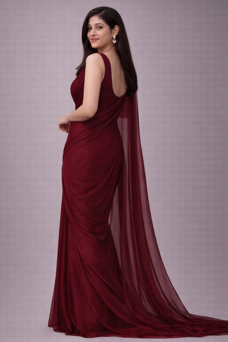 Burgundy color plain georgette designer saree with blouse