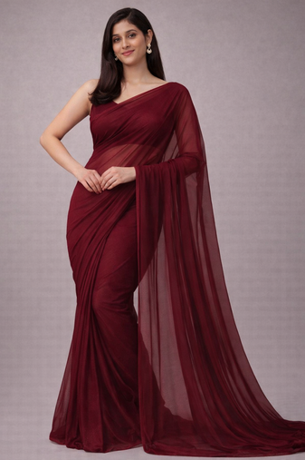 Burgundy color plain georgette designer saree with blouse