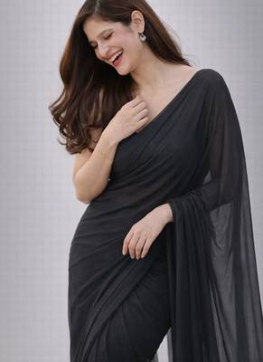 Charcoal color plain georgette designer saree with blouse 3