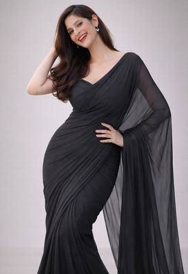 Charcoal color plain georgette designer saree with blouse 4