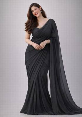 Charcoal color plain georgette designer saree with blouse 1