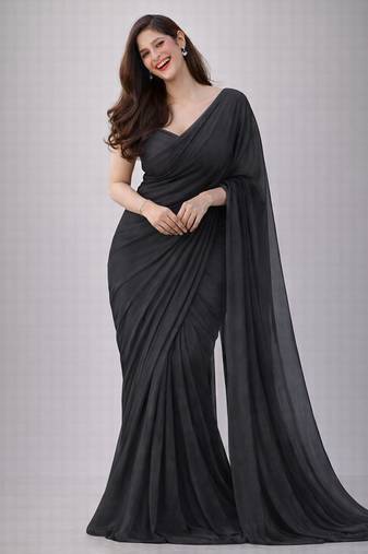 Charcoal color plain georgette designer saree with blouse