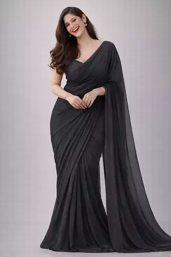 Charcoal color plain georgette designer saree with blouse