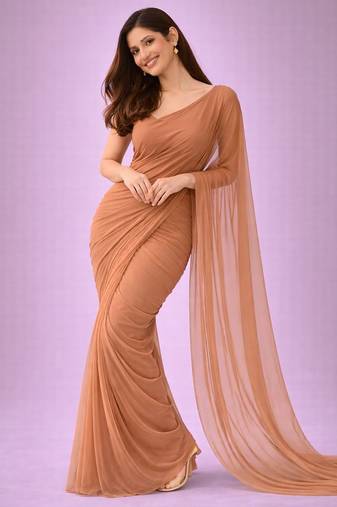 Coffee color plain georgette designer saree with blouse