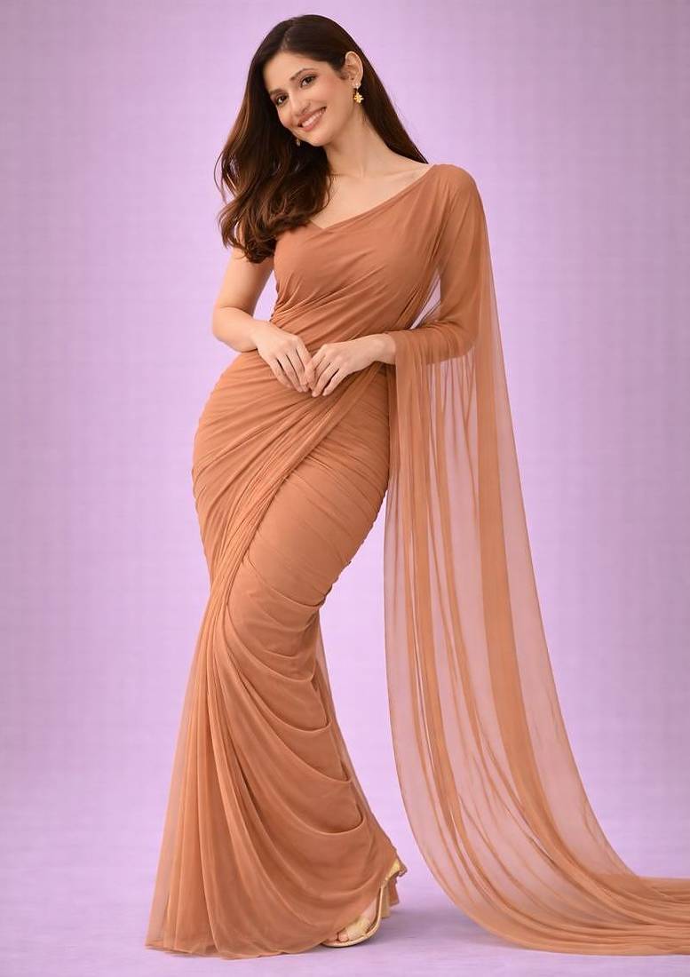 Coffee color plain georgette designer saree with blouse